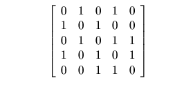 $\textstyle \parbox{.5\textwidth}{
\begin{displaymath}
\left [
\begin{array}{ccc...
...
1 & 0 & 1 & 0 & 1 \\
0 & 0 & 1 & 1 & 0
\end{array}\right ]
\end{displaymath}}$