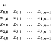 \begin{displaymath}\begin{array}{cccc}
n & & & \\
x_{0,0} & x_{0,1} & \dots & x...
..._{3,n-1} \\
x_{4,0} & x_{4,1} & \dots & x_{4,n-1}
\end{array}\end{displaymath}