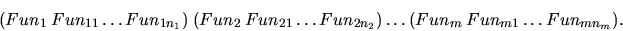 \begin{displaymath}(Fun_1 \ Fun_{11} \dots Fun_{1n_1})\ (Fun_2 \ Fun_{21} \dots Fun_{2n_2}) \dots (Fun_m \ Fun_{m1} \dots Fun_{mn_m}).
\end{displaymath}